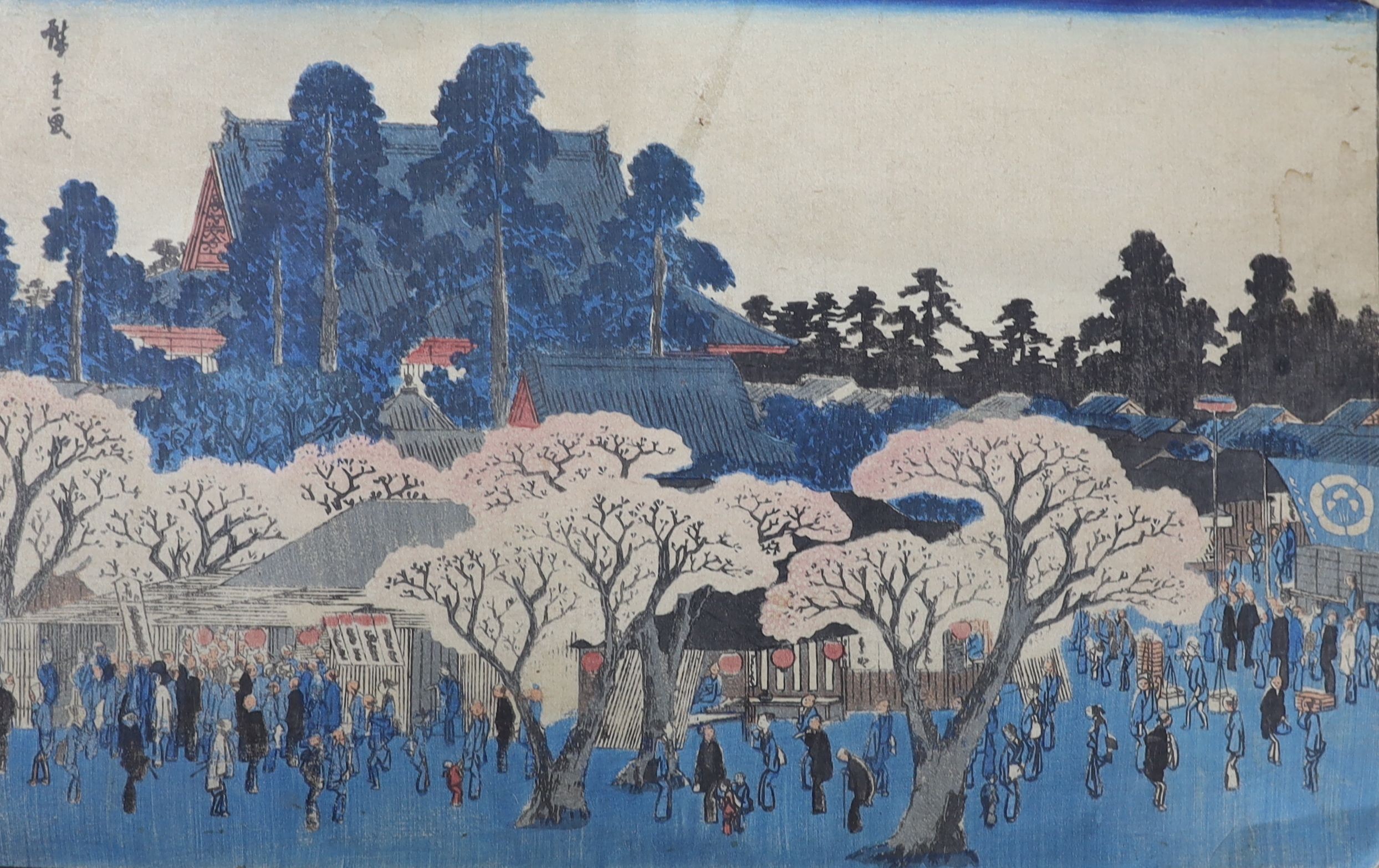 Two Japanese wood blocks, Utagawa Hiroshige, ‘View of Kinryûzan Temple’ and Toyohara Chikanobu ‘Visiting Friends’ 25x37cm